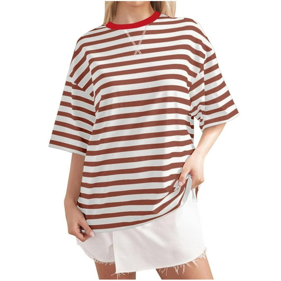Jewelreauty Elbow Length Tops for Women Oversized Crewneck Striped Blouses Summer Casual Loose Tee