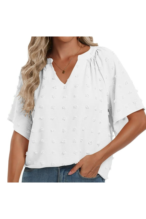 Elbow Sleeve Shirts for Women Casual V Neck Solid Color Pullover Tops Loose Lightweight Summer Tee (M, White)