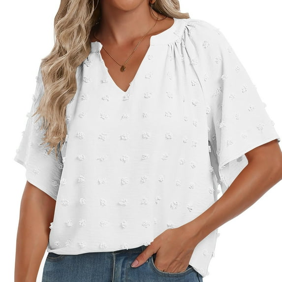Jewelreauty Elbow Sleeve Shirts for Women Casual V Neck Solid Color Pullover Tops Loose Lightweight Summer Tee (S, White)