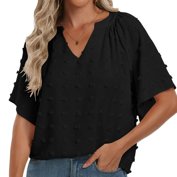 Jewelreauty Elbow Sleeve Shirts for Women Casual V Neck Solid Color Pullover Tops Loose Lightweight Summer Tee (XL, Black)