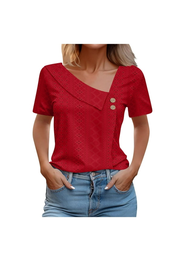 Eyelet Tops for Women Short Sleeve V Neck Tunic Blouses Summer Casual Loose Button Tee Shirts (S, Red)
