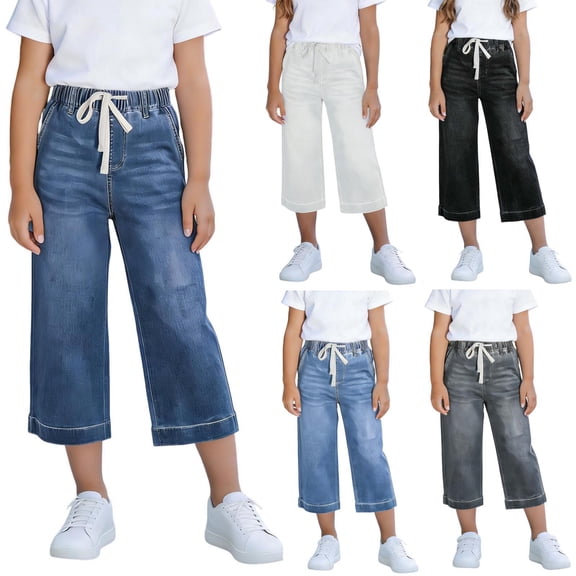 Jewelreauty Girls' Jean Capris Drawstring Elastic High Waist Denim Capri Pants Wide Leg Jeans 4-15 Years (14-15Years, Blue)