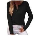 thumbnail image 1 of Jewelreauty Half Button Long Sleeve Shirts for Women Crewneck Solid Color Casual Tops Ladies Lightweight Cozy Blouses (L, Black), 1 of 9