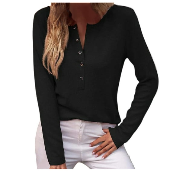 Jewelreauty Half Button Long Sleeve Shirts for Women Crewneck Solid Color Casual Tops Ladies Lightweight Cozy Blouses (L, Black)