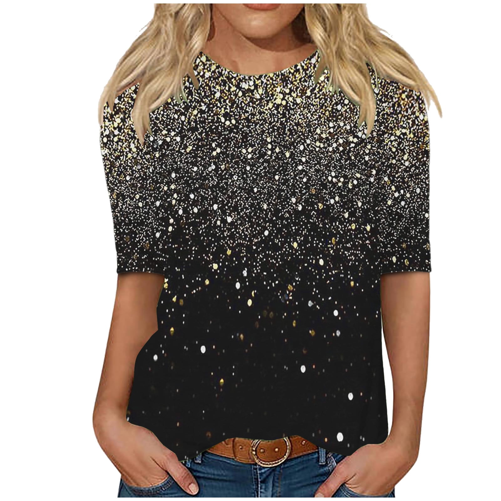 Loose Casual Round Neck Glitter T Shirt