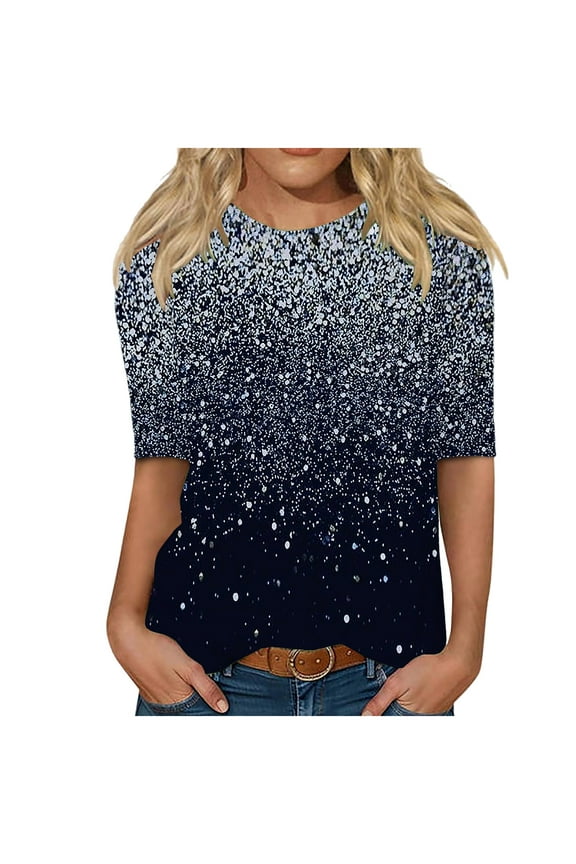 Half Sleeve Round Neck Shirts Women Casual Loose Graphic Tees Soft Summer Basic Blouses Tunic Tops (XL, Navy)