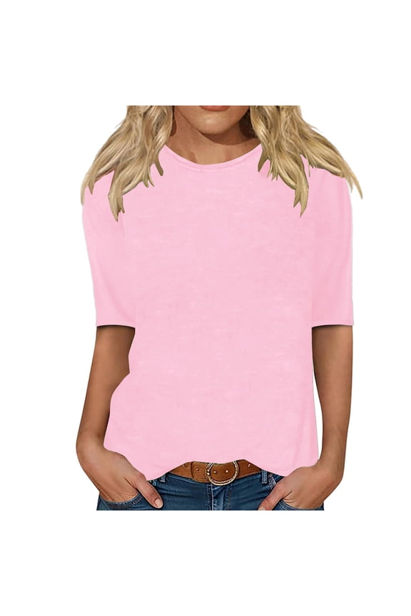 Half Sleeve Round Neck Shirts Women Casual Loose Solid Color T-Shirts Summer Basic Tee Tunic Tops (L, Pink)