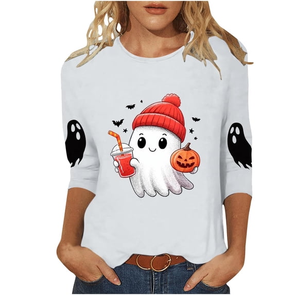 Jewelreauty Halloween T Shirts Women Teens Funny Ghost Pumpkin Printed Graphic Tee 3/4 Sleeve Crewneck Tops (M, White #C)