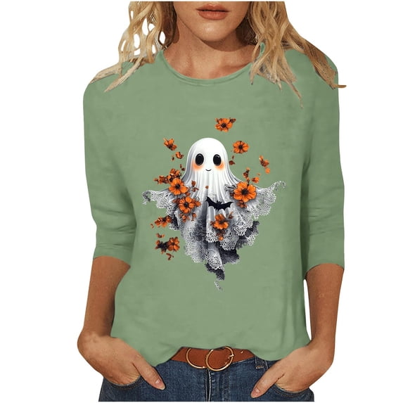 Jewelreauty Halloween T Shirts Women Teens Funny Ghost Pumpkin Printed Graphic Tee 3/4 Sleeve Crewneck Tops (XL, Green #D)