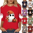 thumbnail image 1 of Jewelreauty Halloween T Shirts Women Teens Funny Ghost Pumpkin Printed Graphic Tee 3/4 Sleeve Crewneck Tops (XL, Red), 1 of 6