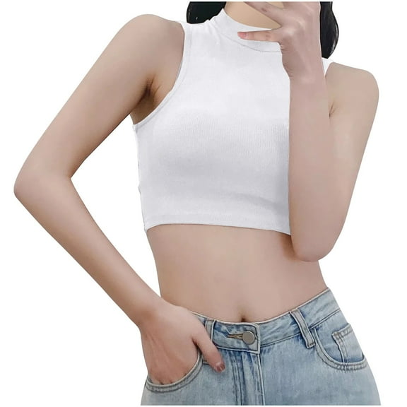 Jewelreauty High Neck Tank Tops for Women Sleeveless Workout Basic Crop Blouses Summer Cotton Tee Shirts (M, White)