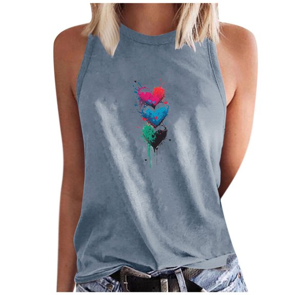 Jewelreauty High Neck Tank Tops for Women Summer Sleeveless Cute Heart Print Tops Casual Loose Trendy Shirts (2XL, Gray)