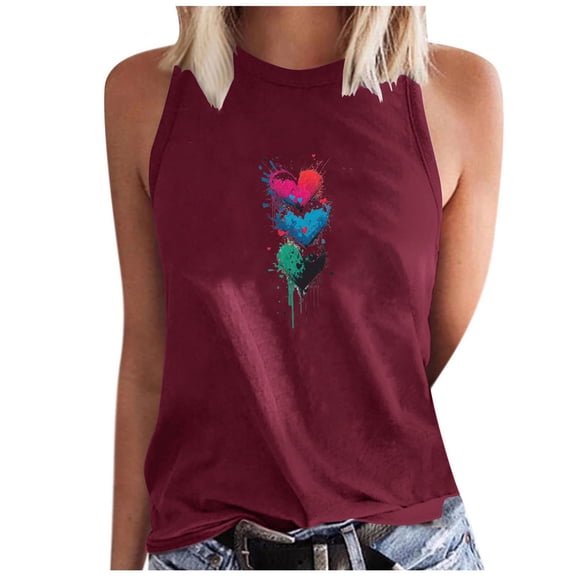 Jewelreauty High Neck Tank Tops for Women Summer Sleeveless Cute Heart Print Tops Casual Loose Trendy Shirts (2XL, Red)