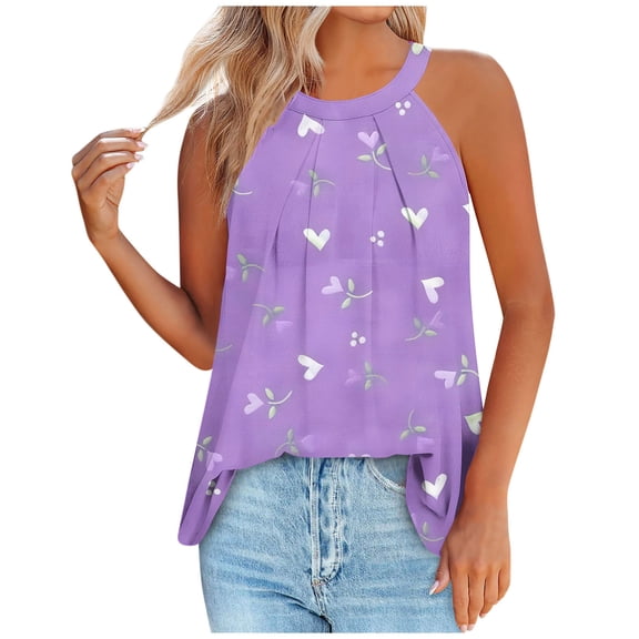 Jewelreauty High Neck Tank Tops for Women Summer Sleeveless Pleated Floral Shirts Casual Loose Trendy Tops (XL, Purple)