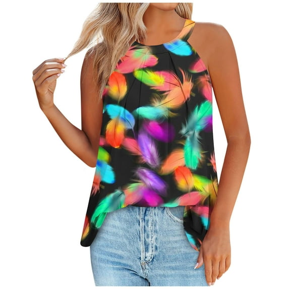 Jewelreauty High Neck Tank Tops for Women Summer Sleeveless Pleated Graphic Shirts Casual Loose Trendy Tops (M, Multicolor)
