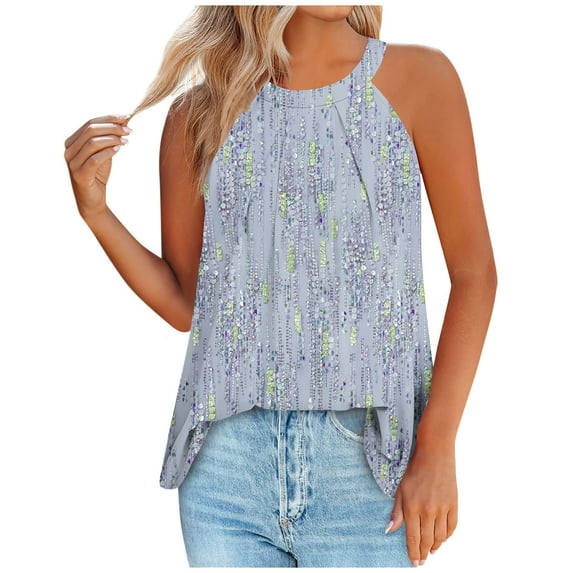 Jewelreauty High Neck Tank Tops for Women Summer Sleeveless Pleated Printed Shirts Casual Loose Trendy Tops (XL, Blue)