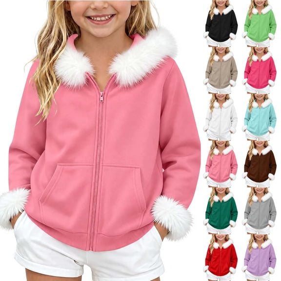 Jewelreauty Hooded Sweatshirt Jackets for Girls with Faux-fur Trim, Zip Up Hoodie Coat Casual Christmas Outerwear, Pink 7-8Y