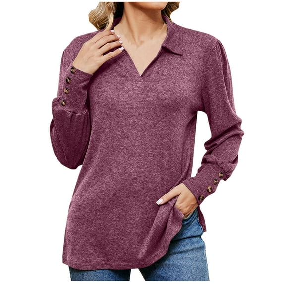 Jewelreauty Lapel V Neck Shirts for Women Solid Color Button Long Sleeve Casual Tops Ladies Pullover Cozy Stretch Blouses (S, Purple)
