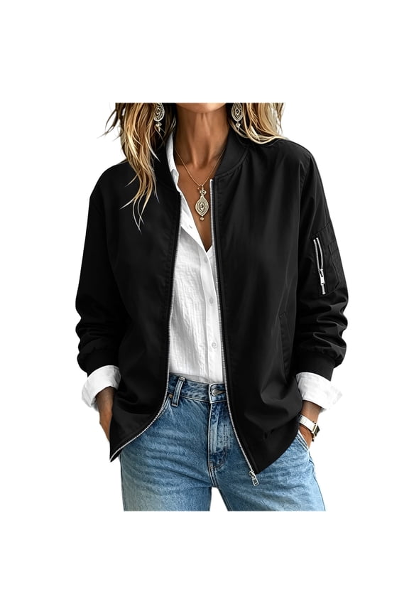 Lightweight Jackets Womens Full Zip Bomber Utility Coat Zipper Pocket Long Sleeve Outerwear No Hood (2XL, Black)