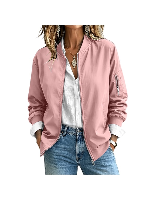 Lightweight Jackets Womens Full Zip Bomber Utility Coat Zipper Pocket Long Sleeve Outerwear No Hood (M, Pink)