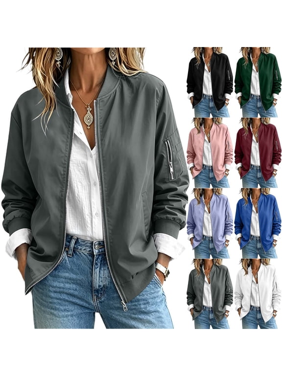 Lightweight Jackets Womens Full Zip Bomber Utility Coat Zipper Pocket Long Sleeve Outerwear No Hood (XL, Gray)