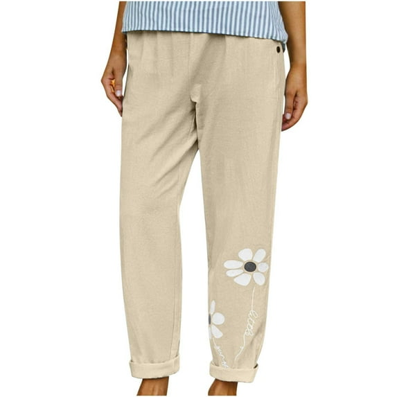 Jewelreauty Linen Pants Women Summer Casual Elastic Waist Straight Leg Floral Print Pants with Pockets