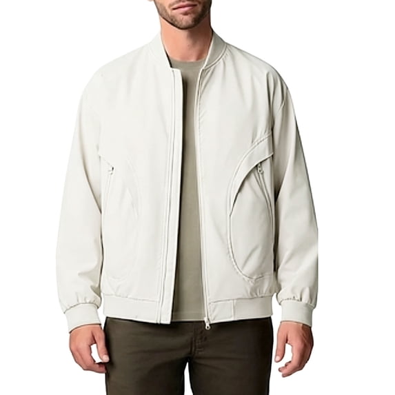 Jewelreauty Men's Bomber Jackets Hoodless Full Zip Long Sleeve Stylish Windbreaker Outerwear Coat with Pockets (3XL, Beige)