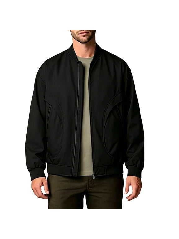 Men's Bomber Jackets Hoodless Full Zip Long Sleeve Stylish Windbreaker Outerwear Coat with Pockets (4XL, Black)