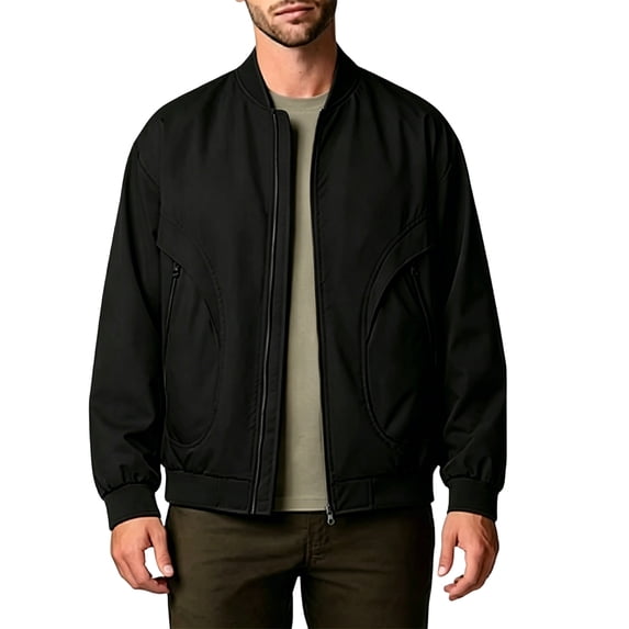 Jewelreauty Men's Bomber Jackets Hoodless Full Zip Long Sleeve Stylish Windbreaker Outerwear Coat with Pockets (XL, Black)