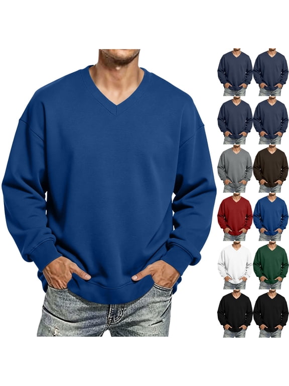 Men's Classic Sweatshirts Loose V Neck Plain Pullover Lightweight Comfy Casual Fall Sweater Tops (S, Blue)