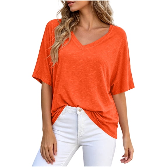 Jewelreauty Oversized T Shirts for Women V Neck Plain Tshirts Short Sleeve Casual Workout Loose Summer Tops (S, Orange)