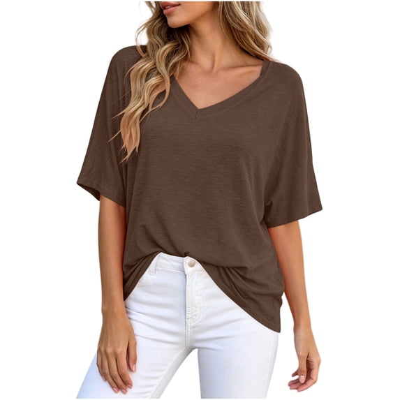 Jewelreauty Oversized T Shirts for Women V Neck Plain Tshirts Short Sleeve Casual Workout Loose Summer Tops (XL, Coffee)