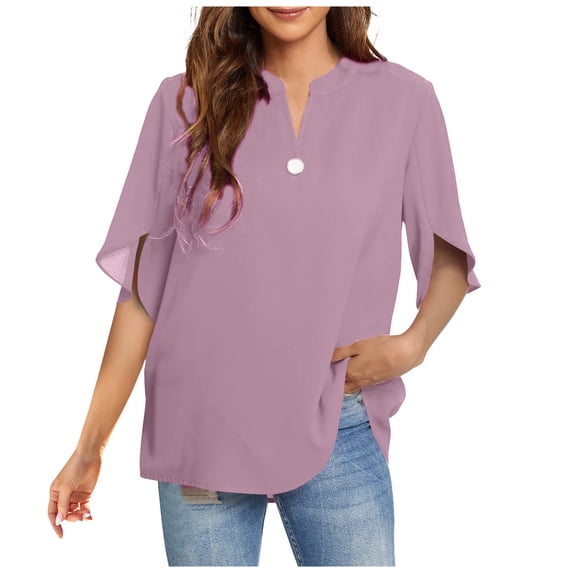 Jewelreauty Petal Sleeve Tee Shirt for Women Elbow Length V Neck Tunic Tops Summer Casual Loose Blouses (2XL, Purple)