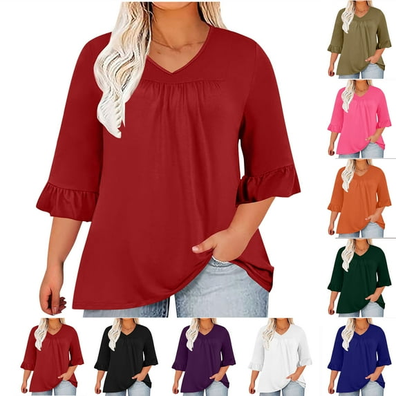 Jewelreauty Plus Size Bell 3/4 Sleeve Tops for Women Casual V Neck Ruched Shirts Summer Solid Tunic Blouses (XL, Red)