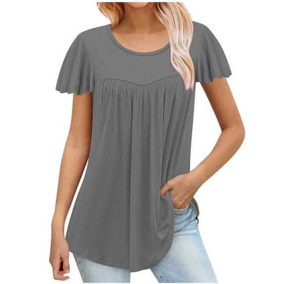 Jewelreauty Plus Size Blouses for Women Short Sleeve Crewneck Pleated Tunic Tops Summer Flowy Casual Shirts (2XL, Gray)