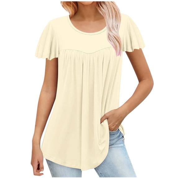 Jewelreauty Plus Size Blouses for Women Short Sleeve Crewneck Pleated Tunic Tops Summer Flowy Casual Shirts (3XL, Khaki)