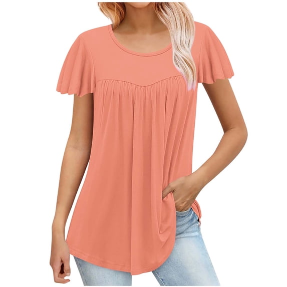 Jewelreauty Plus Size Blouses for Women Short Sleeve Crewneck Pleated Tunic Tops Summer Flowy Casual Shirts (4XL, Orange)