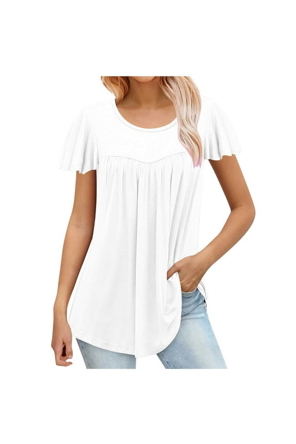 Plus Size Blouses for Women Short Sleeve Crewneck Pleated Tunic Tops Summer Flowy Casual Shirts (S, White)