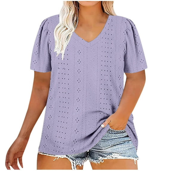 Jewelreauty Plus Size Eyelet Tops for Women Casual V Neck Short Sleeve Blouses Summer Loose Tee Shirts (3XL, Purple)