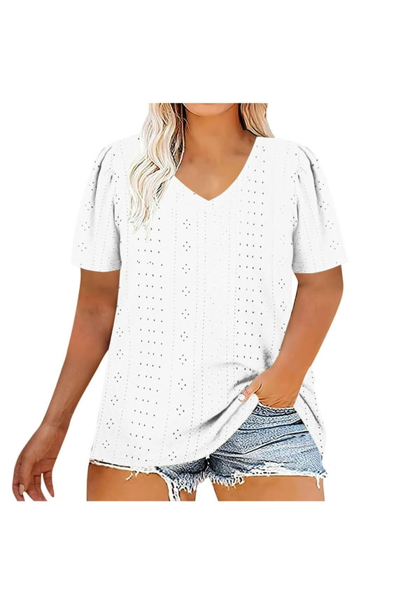 Plus Size Eyelet Tops for Women Casual V Neck Short Sleeve Blouses Summer Loose Tee Shirts (4XL, White)