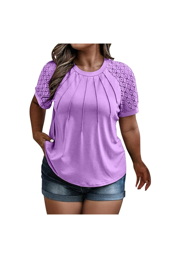 Plus Size Lace Short Sleeve Tops for Women Summer Crew Neck Casual T-Shirts Loose Tunic Blouses L-5XL