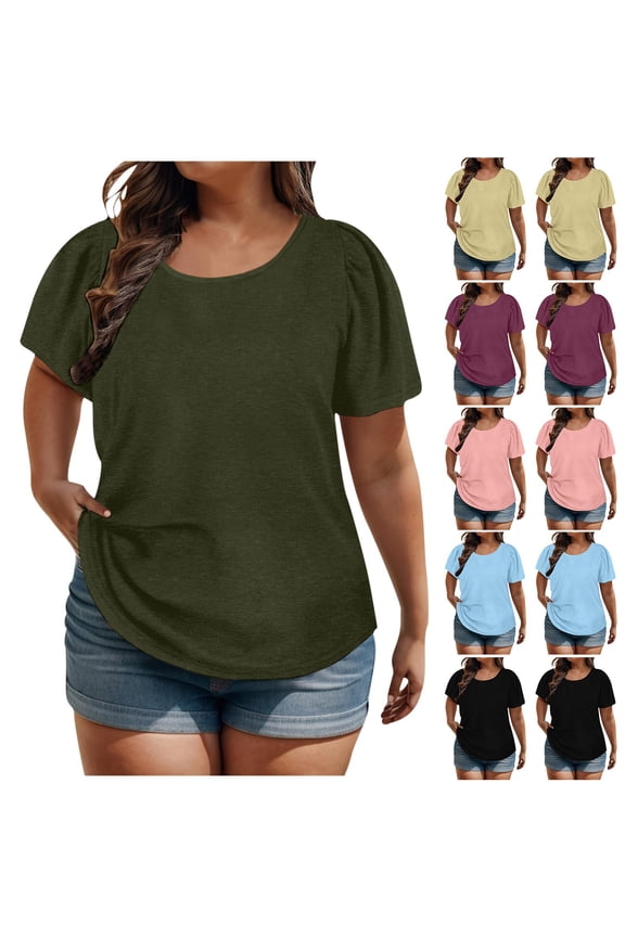 Plus Size Round Neck Tops for Women Casual Solid Short Sleeve Shirts Summer Tunic Blouses (2XL, Army Green)