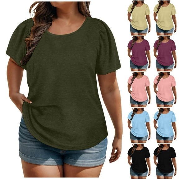 Jewelreauty Plus Size Round Neck Tops for Women Casual Solid Short Sleeve Shirts Summer Tunic Blouses (XL, Army Green)