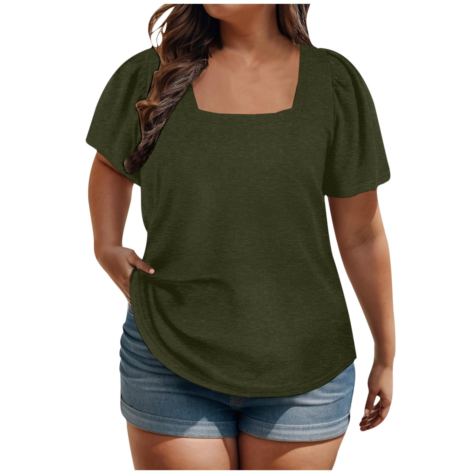 Jewelreauty Plus Size Square Neck Tops for Women Casual Solid Short ...