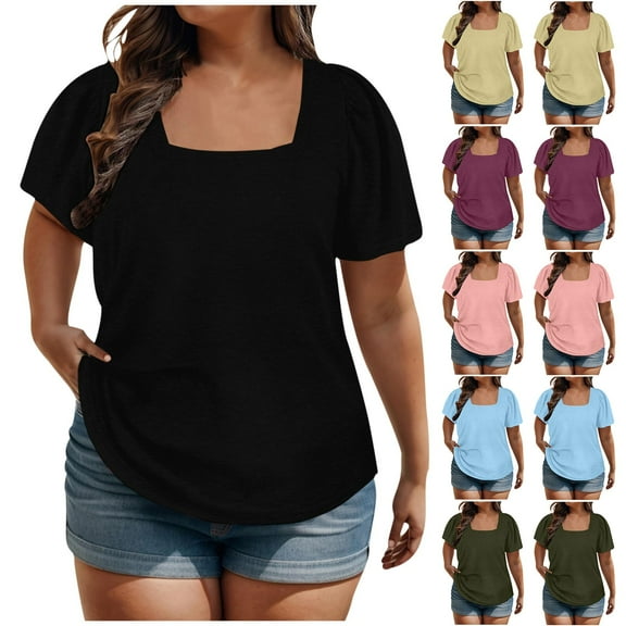 Jewelreauty Plus Size Square Neck Tops for Women Casual Solid Short Sleeve Shirts Summer Tunic Blouses (2XL, Black)
