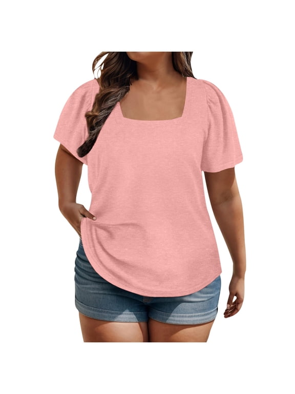 Plus Size Square Neck Tops for Women Casual Solid Short Sleeve Shirts Summer Tunic Blouses (2XL, Pink)