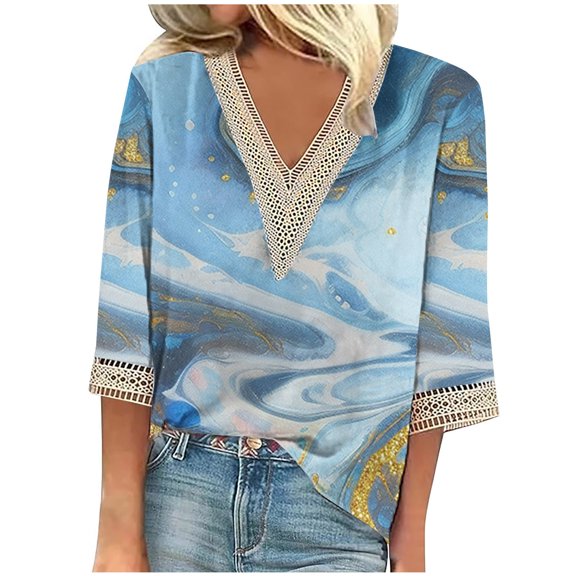 Jewelreauty Plus Size Tunic Tops for Women Lace Elbow Length V Neck Graphic Blouse Summer Casual Tee