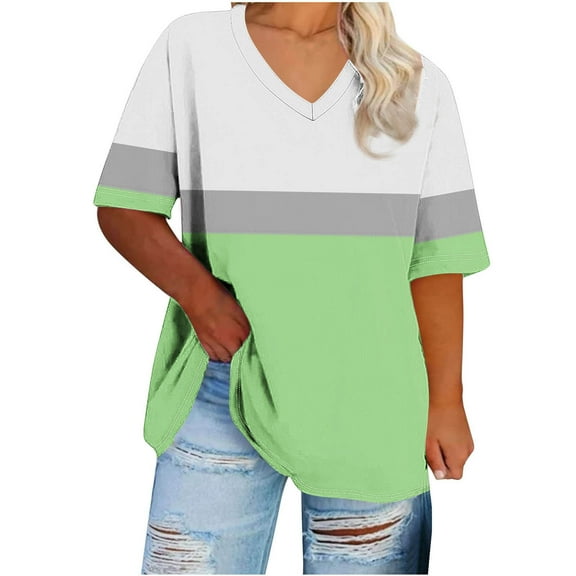Jewelreauty Plus Size Womens Summer Tops V Neck Short Sleeve Loose Fit Tshirts Graphic Colorblock Tees 1X-5X (3XL, Green 02)