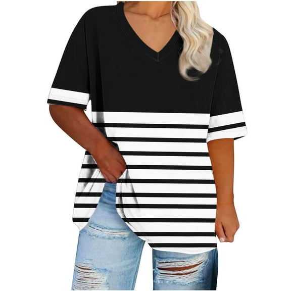 Jewelreauty Plus Size Womens Summer Tops V Neck Short Sleeve Loose Fit Tshirts Graphic Colorblock Tees 1X-5X (XL, Black 01)