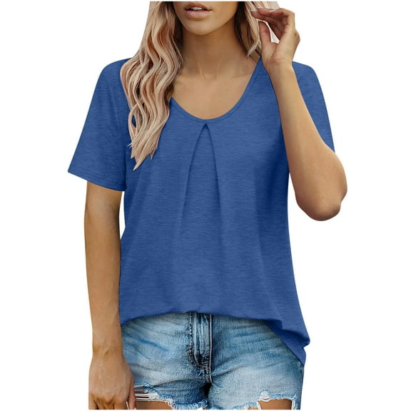 Jewelreauty Short Sleeve Shirts for Women Casual V Neck Ruched Blouses Summer Solid Color Loose Tops Tee (S, Blue)